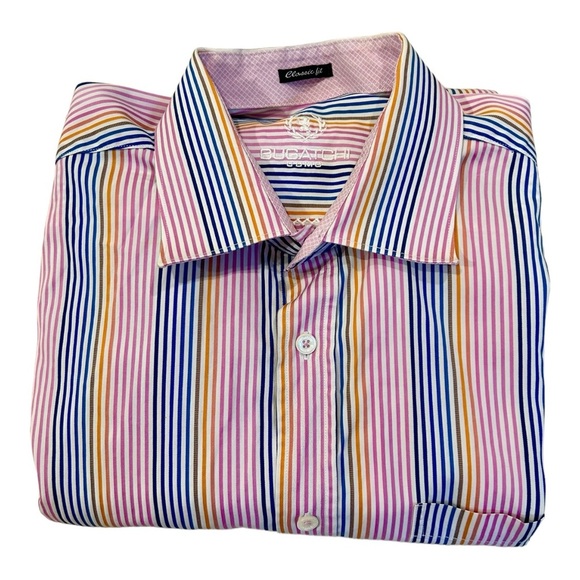 Bugatchi Uomo Men’s Dress Shirt Pink Blue Yellow Stripe Classic Fit Button Up XL - Picture 2 of 15